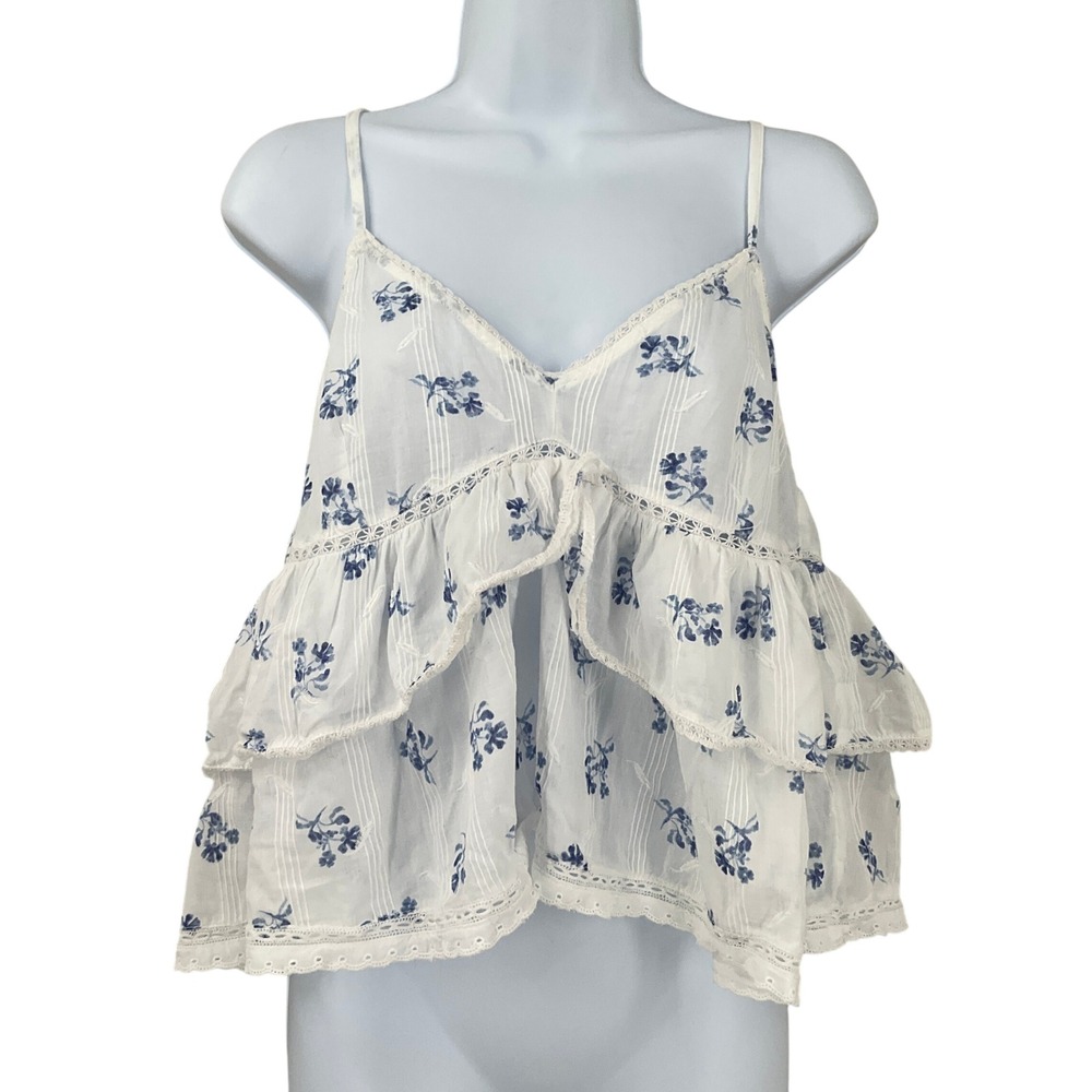 Joie Top Floral Ruffle Cami Sz S White Blue Cotton Eyelet Lace‎ Babydoll Boho